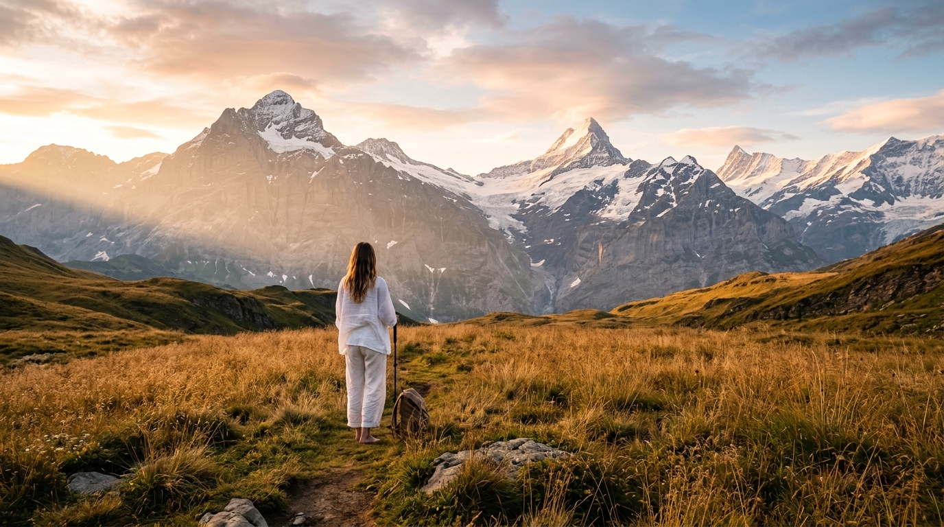 Wide cinematic landscape, traveler in white standing in golden grass before majestic mountain peaks at dawn