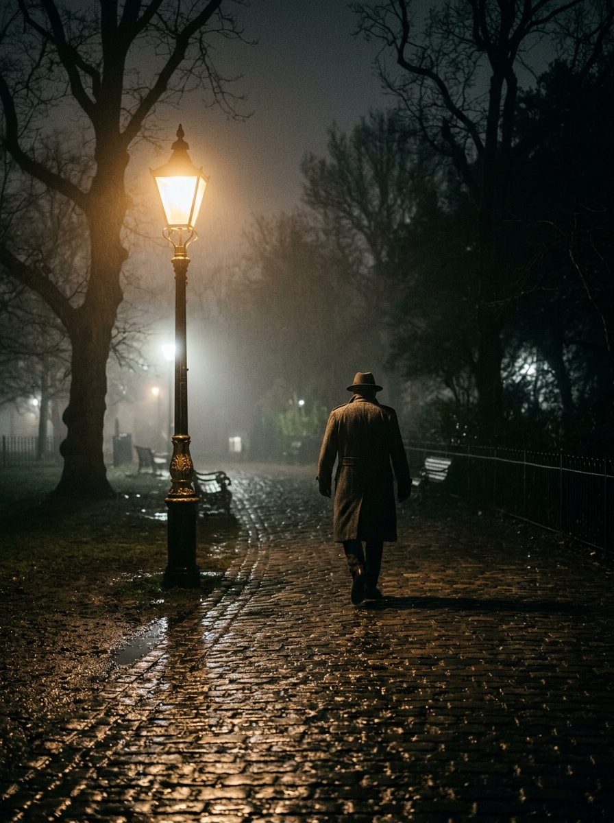 Atmospheric night scene in park, single vintage streetlamp glow, mysterious cinematic shadows